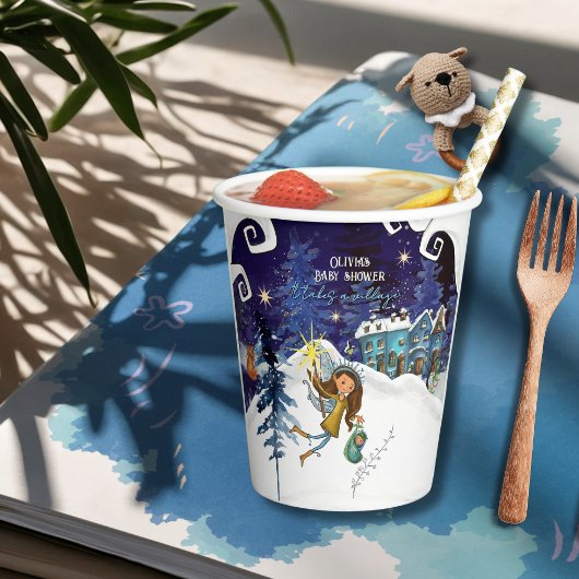Ice Blue Winter Village Baby Shower | Flying Fairy Pappbecher