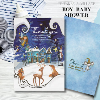 Ice Blue Winter Village Thank You Card | Fairy Dankeskarte