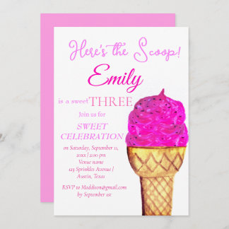 Ice Cream 3. Geburtstag Girl Pink Wasserfarbe Einladung