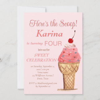 Ice Cream 4. Geburtstag Girl Pink Wasserfarbe Einladung