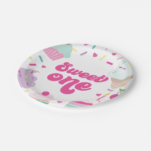 Ice Cream and Cake Sweet One 1st Birthday Pappteller (Schrägansicht)