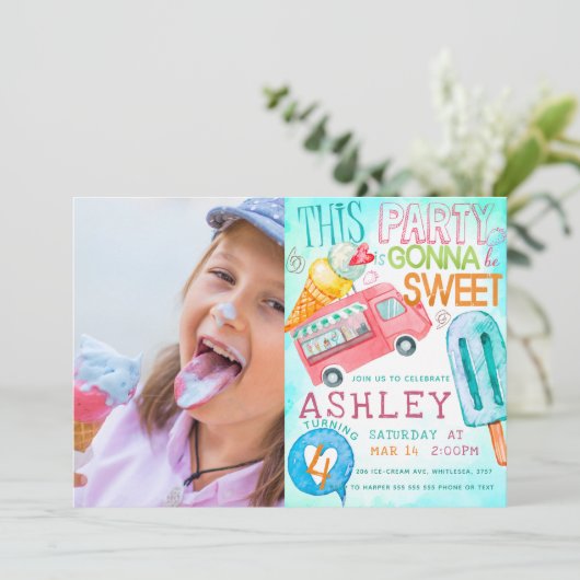 Ice Cream Birthday Party Foto Einladung (Stehend Vorderseite)