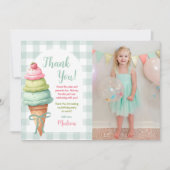 Ice Cream Blue Bow Gingham Birthday Party Foto Dankeskarte (Vorderseite)