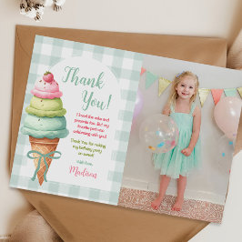 Ice Cream Blue Bow Gingham Birthday Party Foto Dankeskarte
