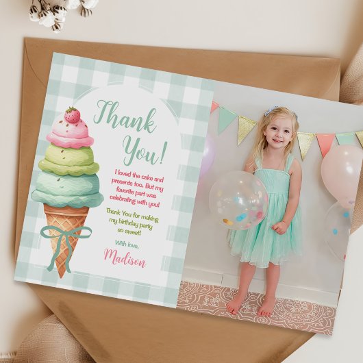 Ice Cream Blue Bow Gingham Birthday Party Foto Dankeskarte
