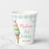 Ice Cream Blue Bow Gingham Birthday Party Pappbecher (Vorderseite)