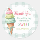 Ice Cream Blue Bow Gingham Birthday Party Runder Aufkleber (Vorderseite)