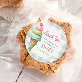 Ice Cream Blue Bow Gingham Birthday Party Runder Aufkleber