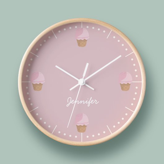 Ice Cream Cone Modern Pink Kitchen Runde Wanduhr