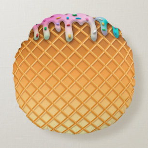 Ice Cream Drip Waffle Cone Pink With Sprinkles Rundes Kissen