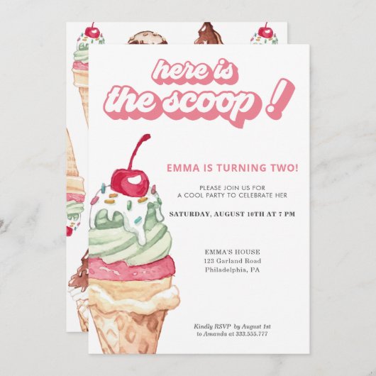 Ice Cream Girl Birthday Scoop Einladung (Vorne/Hinten)