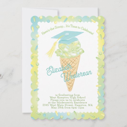 Ice Cream Graduation Party Green Blue Einladung (Vorderseite)