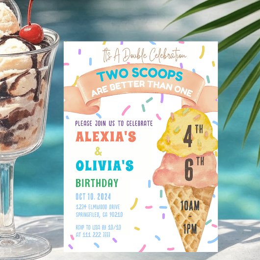 Ice Cream Joint Birthday Siblings Combined Cousin Einladung