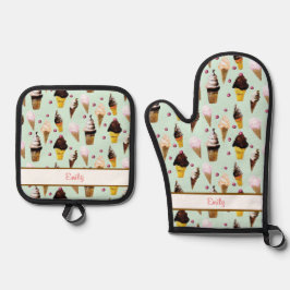Ice Cream Parlor Retro Green Personalized Apron Ofenhandschuh & Topflappen-Set