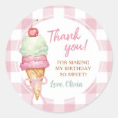 Ice Cream Pink Bow Gingham Birthday Party Runder Aufkleber (Vorderseite)