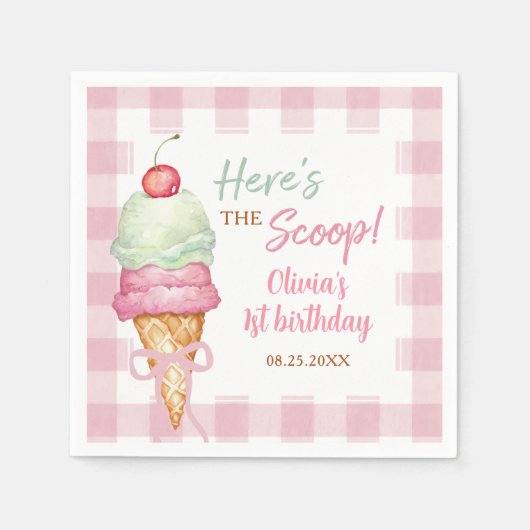 Ice Cream Pink Bow Gingham Birthday Party Serviette (Vorderseite)