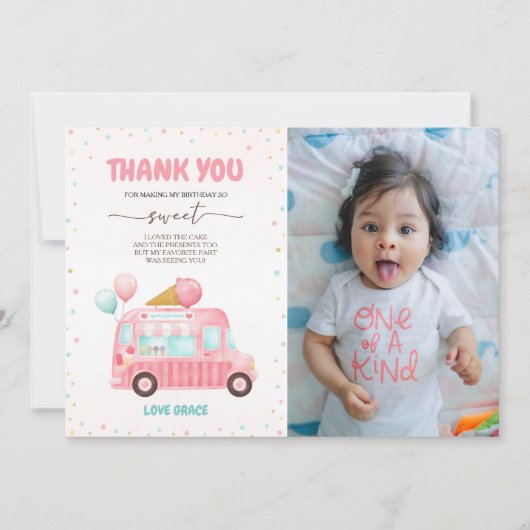 Ice Cream Truck Hier ist das Scoop Birthday Foto Dankeskarte (Vorderseite)
