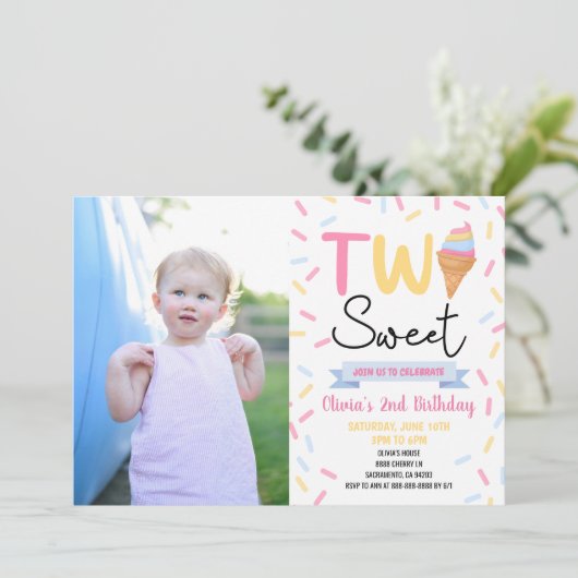 Ice Cream Two Sweet 2nd Second Birthday Party Einladung (Stehend Vorderseite)