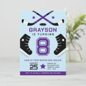 Ice Hockey Kindergeburtstag Party Lila Einladung (Stehend Vorderseite)