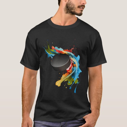 Ice Hockey Player Puck Abstract Splash Painting T-Shirt (Vorderseite)