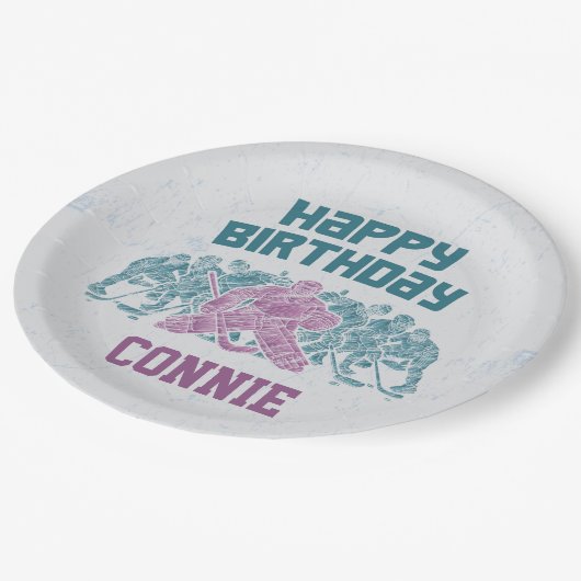 Ice Hockey Skate Rink Lila Happy Birthday Pappteller (Schrägansicht)