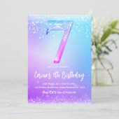 Ice number white glitter Girl 7th Birthday Einladung (Stehend Vorderseite)