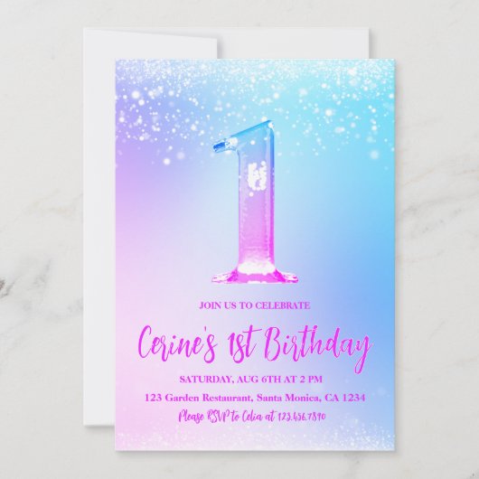 Ice number white glitter Girl First Birthday Einladung (Vorderseite)