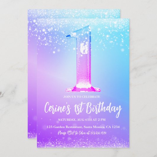 Ice number white glitter Girl First Birthday Einladung (Vorne/Hinten)