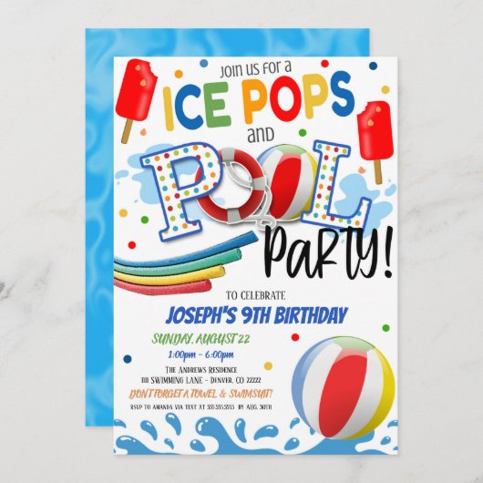 Ice-Pop und Pool-Party Einladung (Vorne/Hinten)