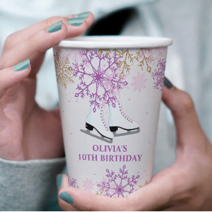 Ice Skaten Birthday Lila und Gold Snowflake Pappbecher