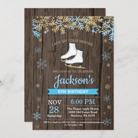 Ice Skaten Birthday Party Blauer Skate Einladung (Vorne/Hinten)