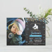 Ice Skaten Birthday Party Blue Skate Foto Einladung (Stehend Vorderseite)