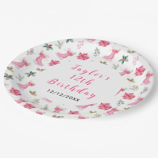 Ice Skaten Birthday Party Pink Pappteller (Schrägansicht)