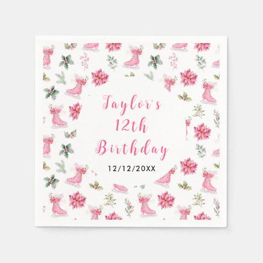 Ice Skaten Birthday Party Pink Serviette (Vorderseite)