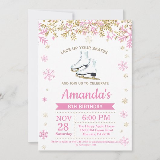Ice Skaten Birthday Party Rosa Skate Einladung (Vorderseite)