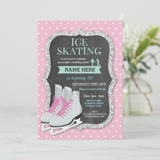 Ice Skaten Birthday Party Rosa Skate laden Einladung (Stehend Vorderseite)