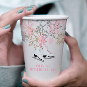 Ice Skaten Birthday Pink Gold Schneeflocken Pappbecher