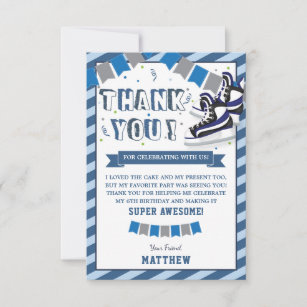 Ice Skaten Boy Geburtstagsparty Blue Stripes Dankeskarte