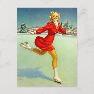Ice Skaten Button auf Vintage Kunst Postkarte