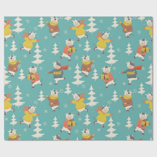 Ice Skaten Cows Weihnachtsmuster Geschenkpapier (Flach)