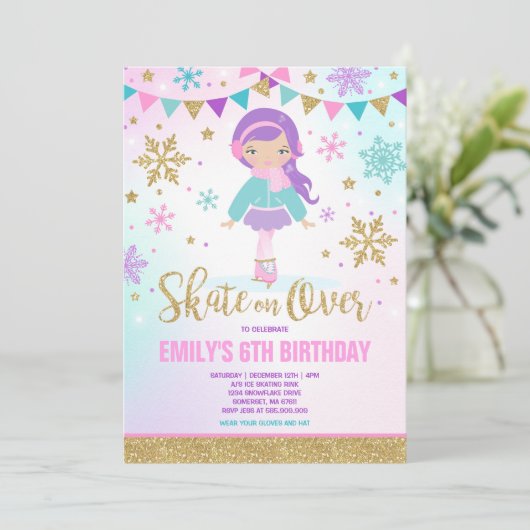 Ice Skaten Einladung Ice Skaten Party Gold (Stehend Vorderseite)