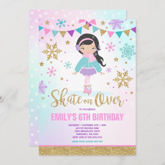 Ice Skaten Einladung Ice Skaten Party Gold (Vorne/Hinten)