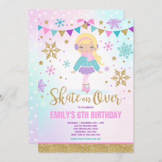 Ice Skaten Einladung Ice Skaten Party Gold (Vorne/Hinten)
