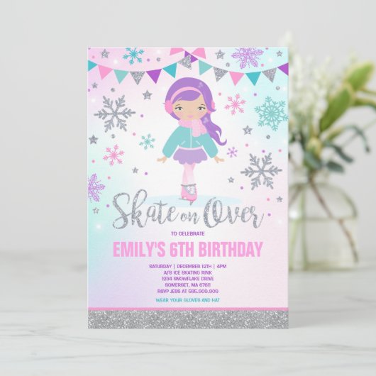 Ice Skaten Einladung Ice Skaten Party Silver (Stehend Vorderseite)