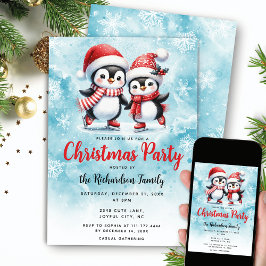 Ice Skaten Penguins Blaues Weihnachtsfest Party Einladung