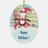 Ice Skaten Pinguin, Happy Holidays ! Keramik Ornament (Vorne)
