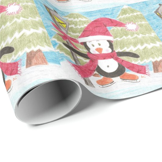 Ice Skaten Pinguin Weihnachtspapier Geschenkpapier (Rolleneckpunkt)