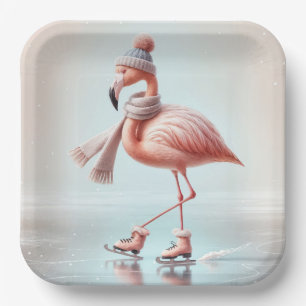 Ice Skaten Pink Flamingo Pappteller