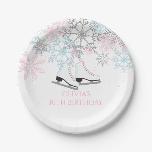 Ice Skaten Snowflakes Rosa blauer Glitzer Pa Pappteller (Vorderseite)