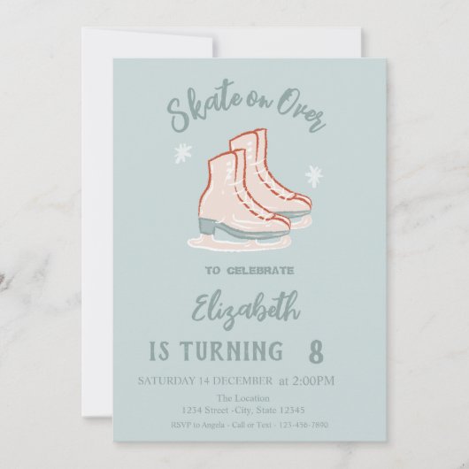 Ice skates Snowflakes Mint Green Birthday Einladung (Vorderseite)